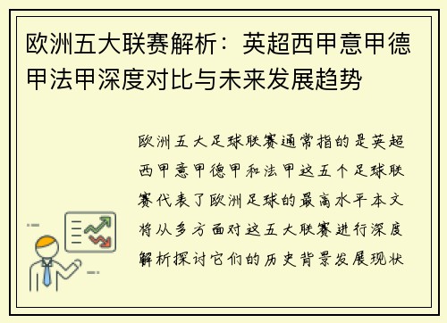 欧洲五大联赛解析：英超西甲意甲德甲法甲深度对比与未来发展趋势